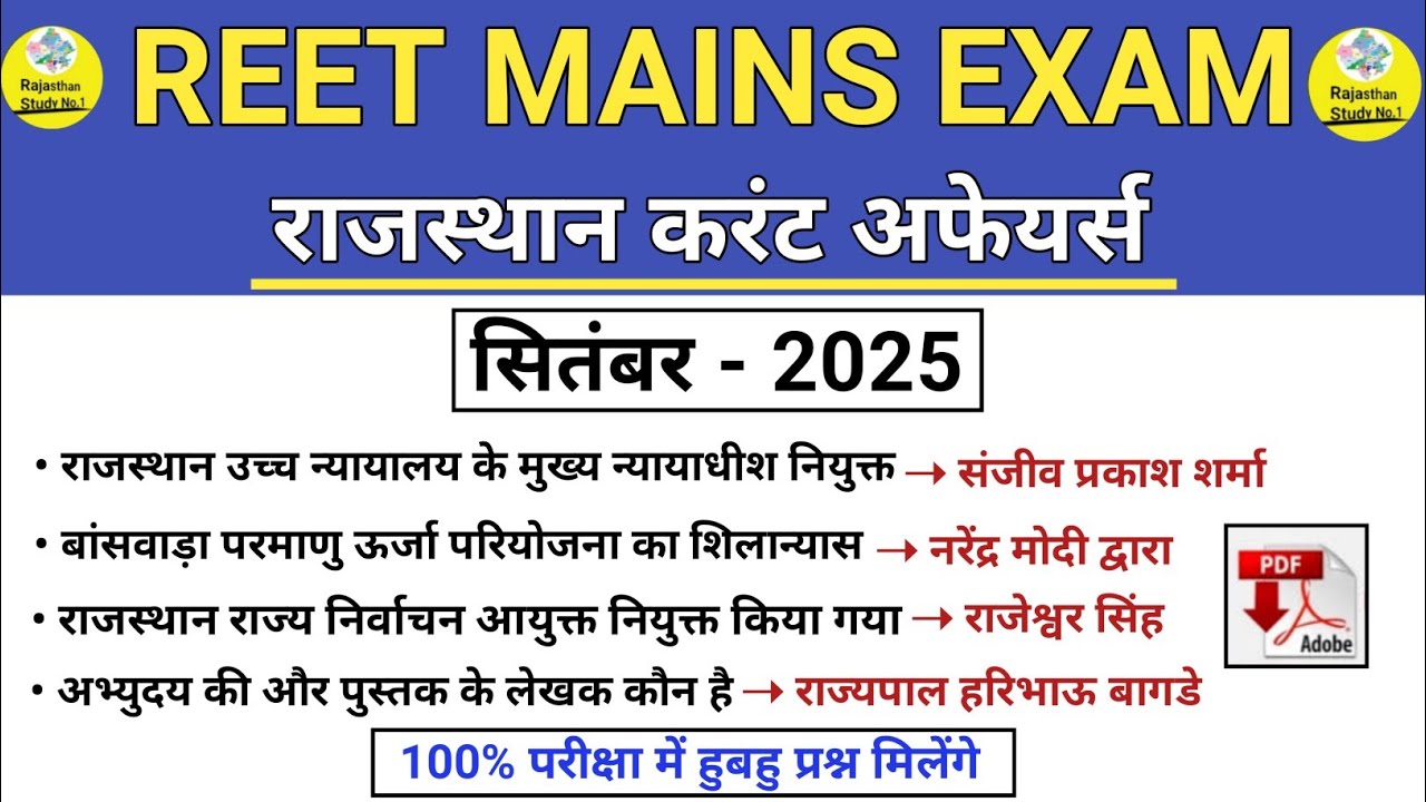 REET MAINS EXAM 2026 l September 2025 Rajasthan Current Affairs 2025 l Monthly Current Affairs, REET