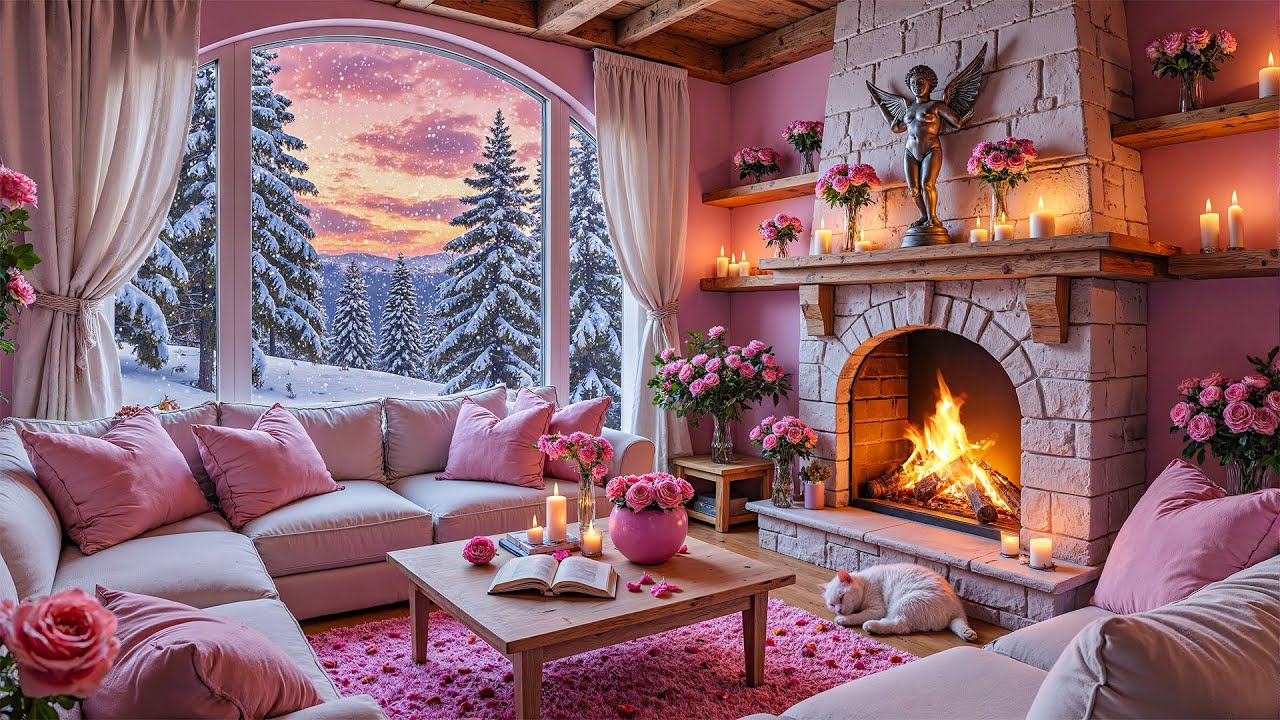 Winter Piano in Pink Living Room ❄️🔥 Fireplace Ambience & Snowy Night for Deep Sleep, Focus & Study