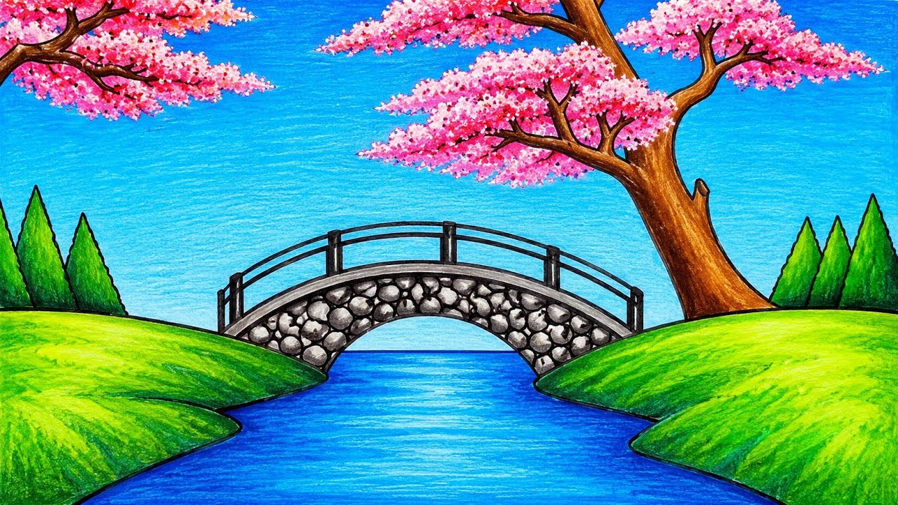 Easy Garden Scenery Drawing | How to Draw Beautiful City Garden with Chery Blossom