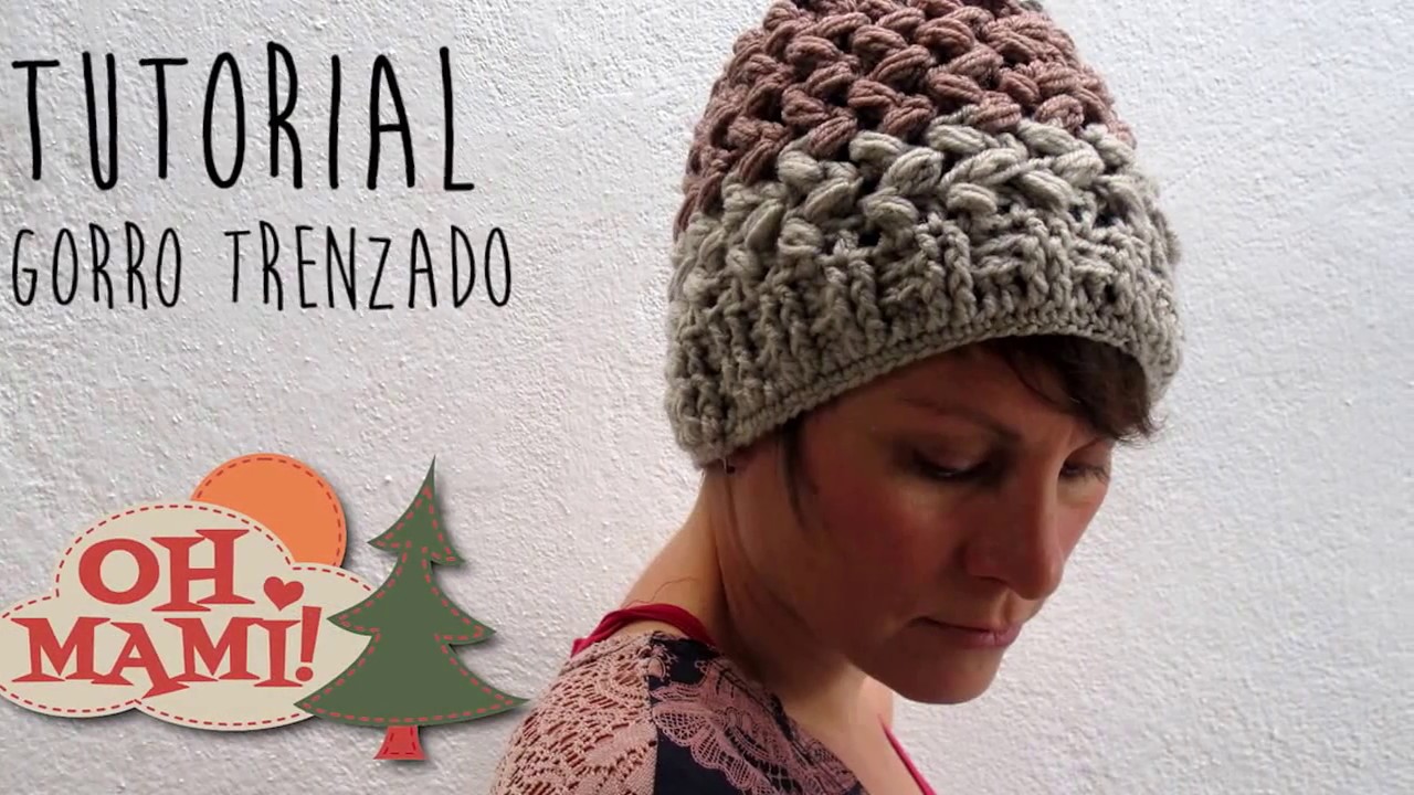 Gorro trenzado o punto puff cruzado a crochet