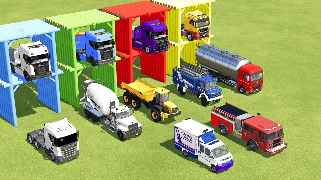 TRANSPORTING IKARUS BUS, FIRE TRUCK, POLICE CARS & AMBULANCE WITH SCANIA TRUCK -  FS22