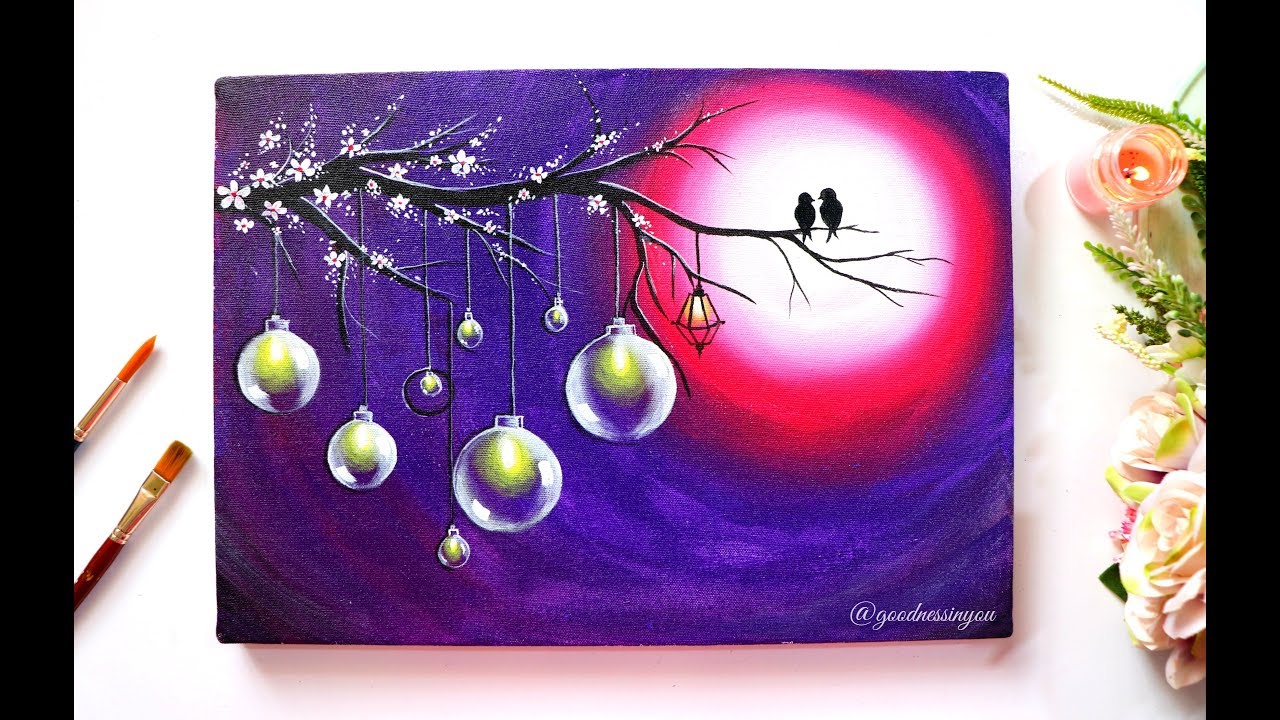 A Love Bird  Painting with Hanging Bulbs / Step by Step Painting using Acrylic Colours