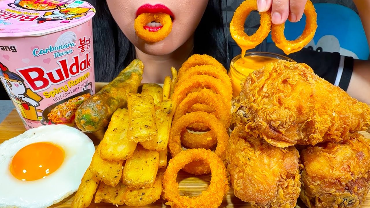 ASMR CHEESY FIRE NOODLES, FRIED CHICKEN, ONION RINGS, FRIES MASSIVE Eating Sounds