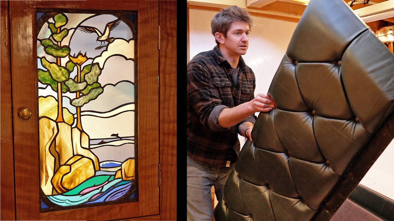 Below deck on Tally Ho - Upholstery and stained glass!