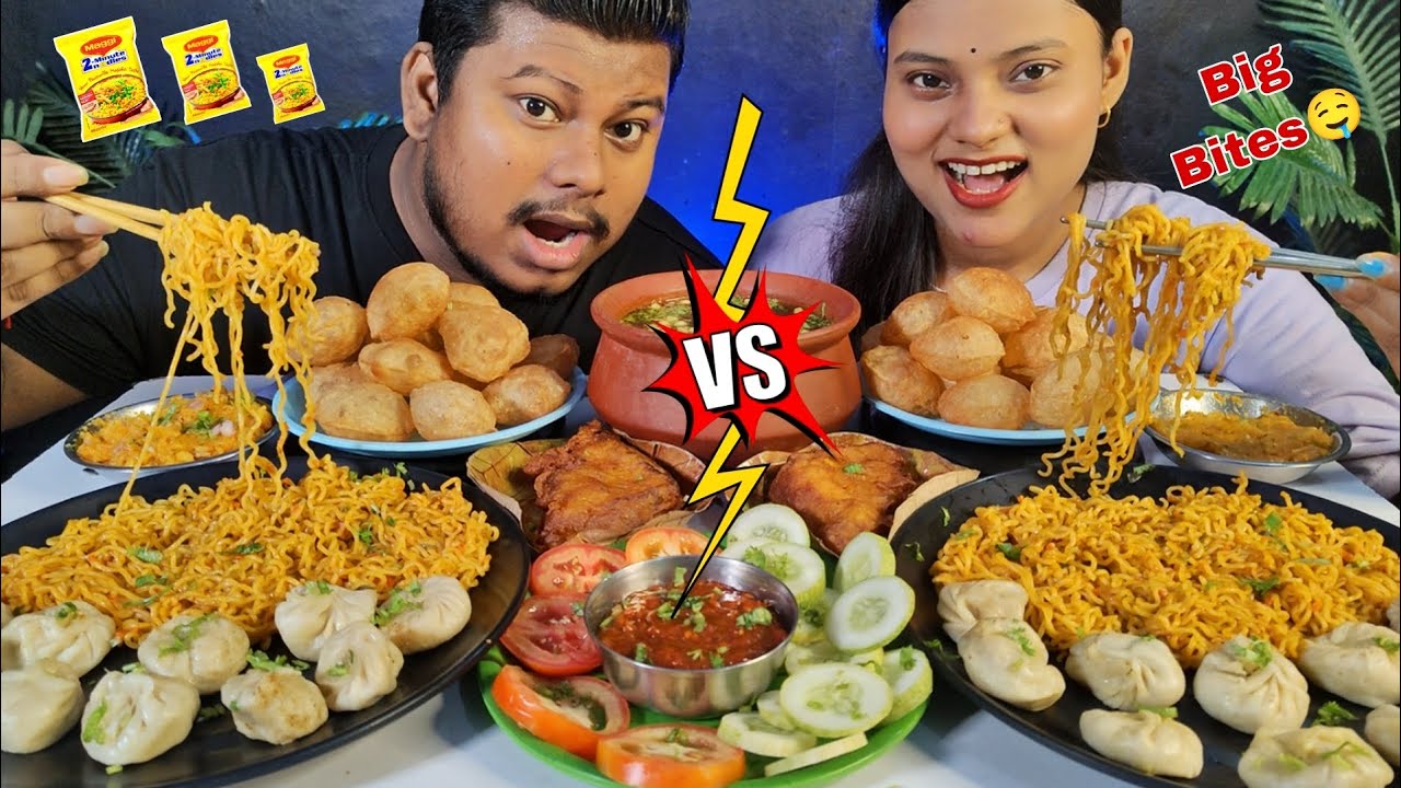 Spicy Maggi Eating and Momos Challenge with Chopsticks 🥢 | Golgappa | Masala Maggi Noodles Eating
