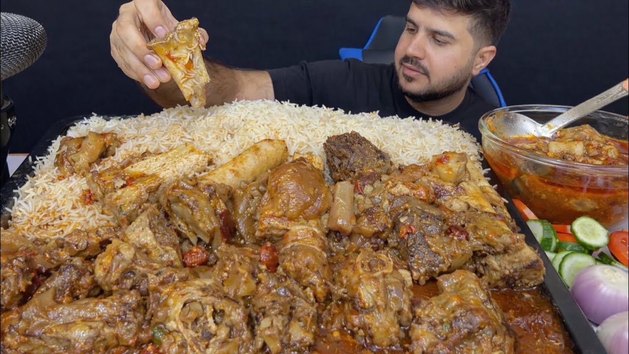 ASMR Eating Beef Paya with rice huge   spicy gravy green chilli salad real mukbang no talking2160p
