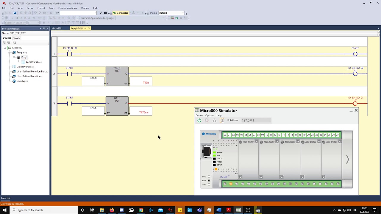 Connected Components Workbench (CCW) TON VS TOF in 10 seconds in simulator