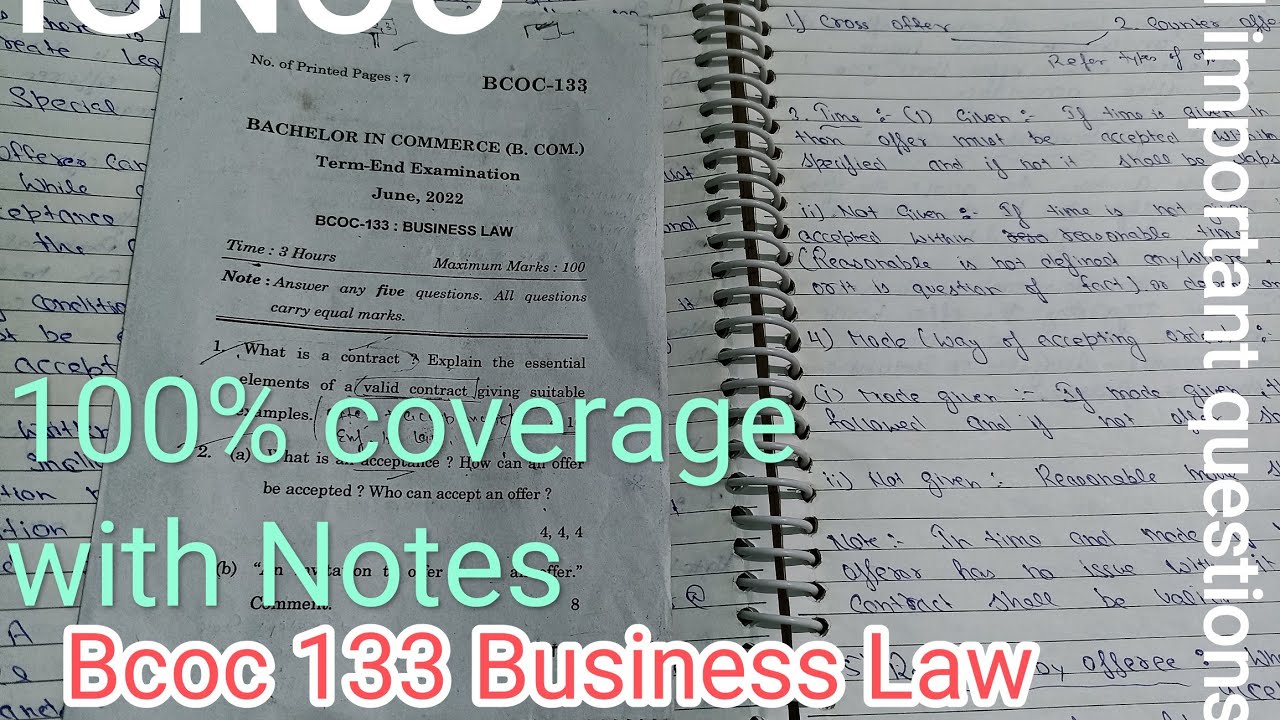 Bcoc133 Business Law previous year question paper with Notes Bcom g