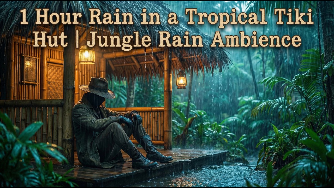 1 Hour Rain in a Tropical Tiki Hut | Jungle Rain Ambience