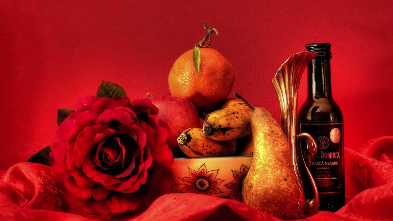 4K Frame TV Art: Red Rose & Vintage Fruits Still Life 🍎🌹 Aesthetic Red Background Screensaver|