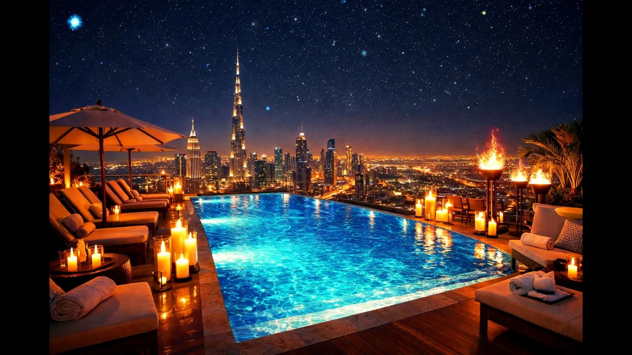 Luxury Night Escape 🌙✨ 4K Rooftop Pool Ambience | 10H Deep Relaxation, Warm Fire & City Serenity