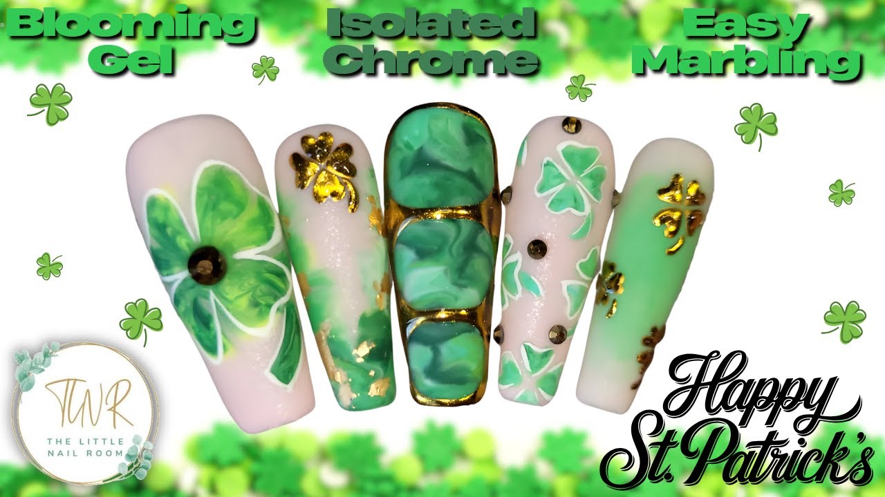 🍀Saint Patrick's Day Nail Art Idea | Blooming Gel | Isolated Chrome Nails | Easy Nail Marbling