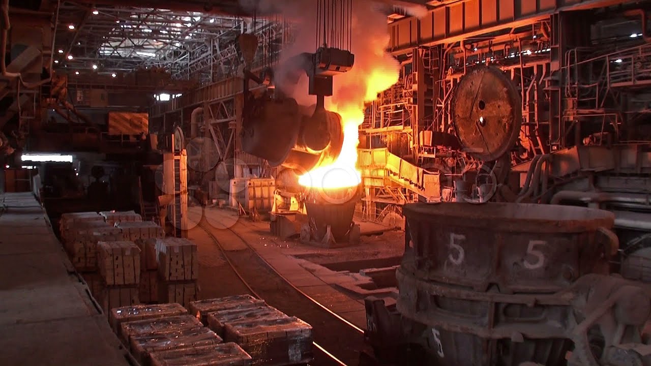 Pouring Of Liquid Metal From Open-Hearth Furnace. Stock Footage