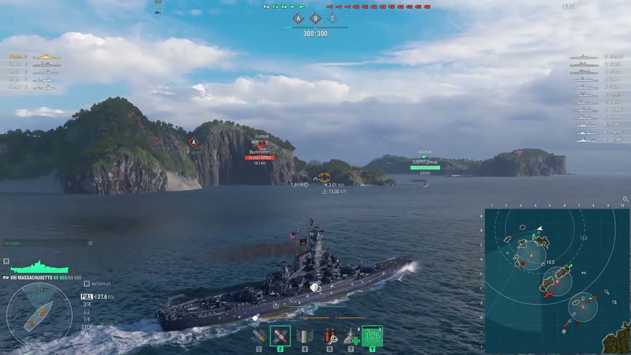 WOWS Assym Battle 5 vs 12 using Massachusetts