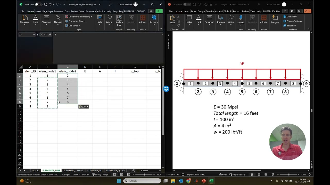 FEA 2D SOLVER frame example distributed load and hinge