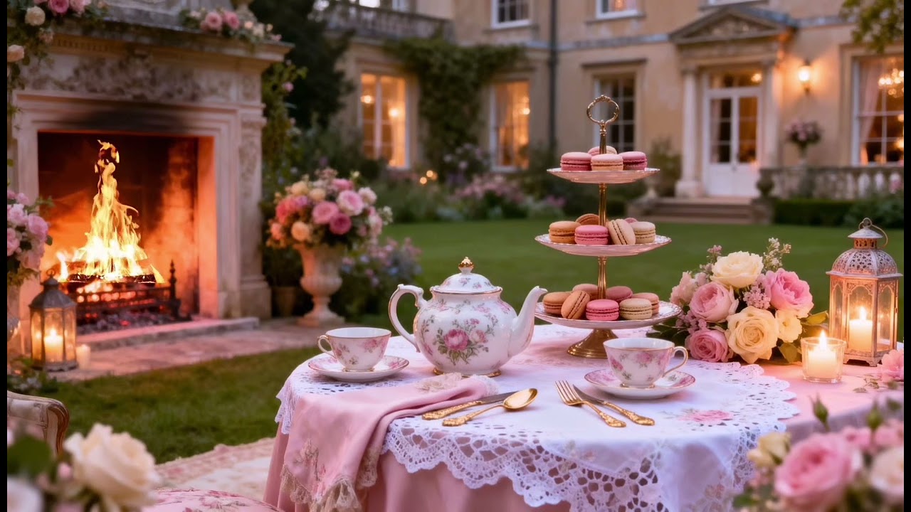 Vintage tea party & Mozart piano music ambience 🫖Regency romance Bridgerton fireplace classical