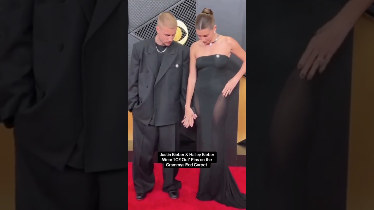 Justin & Hailey Bieber Wear &lsquo;ICE Out&rsquo; Pins on the Grammys Red Carpet