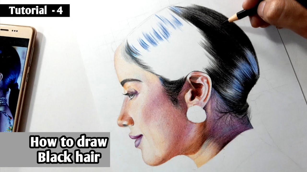 How to Draw Black Hair - Colored Pencil Tutorial | janhvi kapoor drawing | tutorial - 4