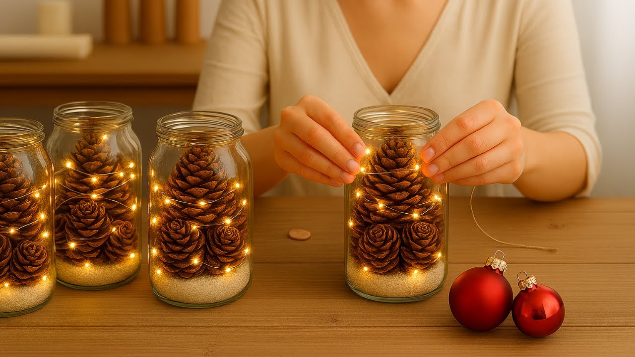 Genius! Look What I Made With Glass Jars and Pine Cones! CUTE CHRISTMAS IDEA!