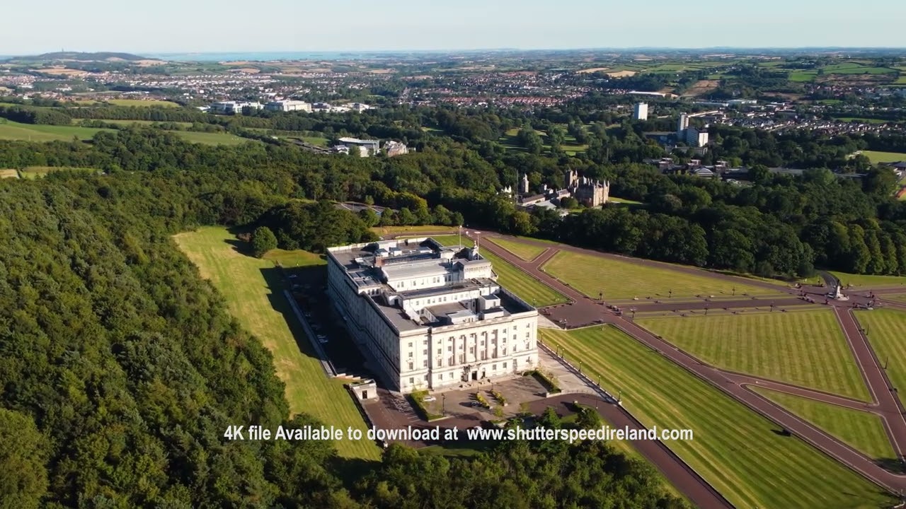 Aerial video of Stormont Castle Parliament buildings Stormont Estate Executive Northern Ireland 3 4K