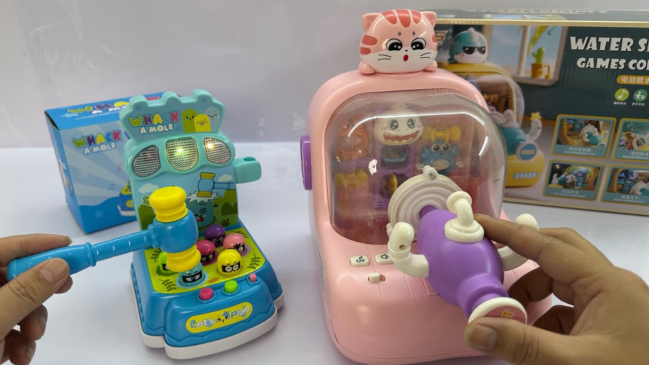 9-minute game console toy unboxing, pink cat water gun shooting game, gopher game console, ASMR