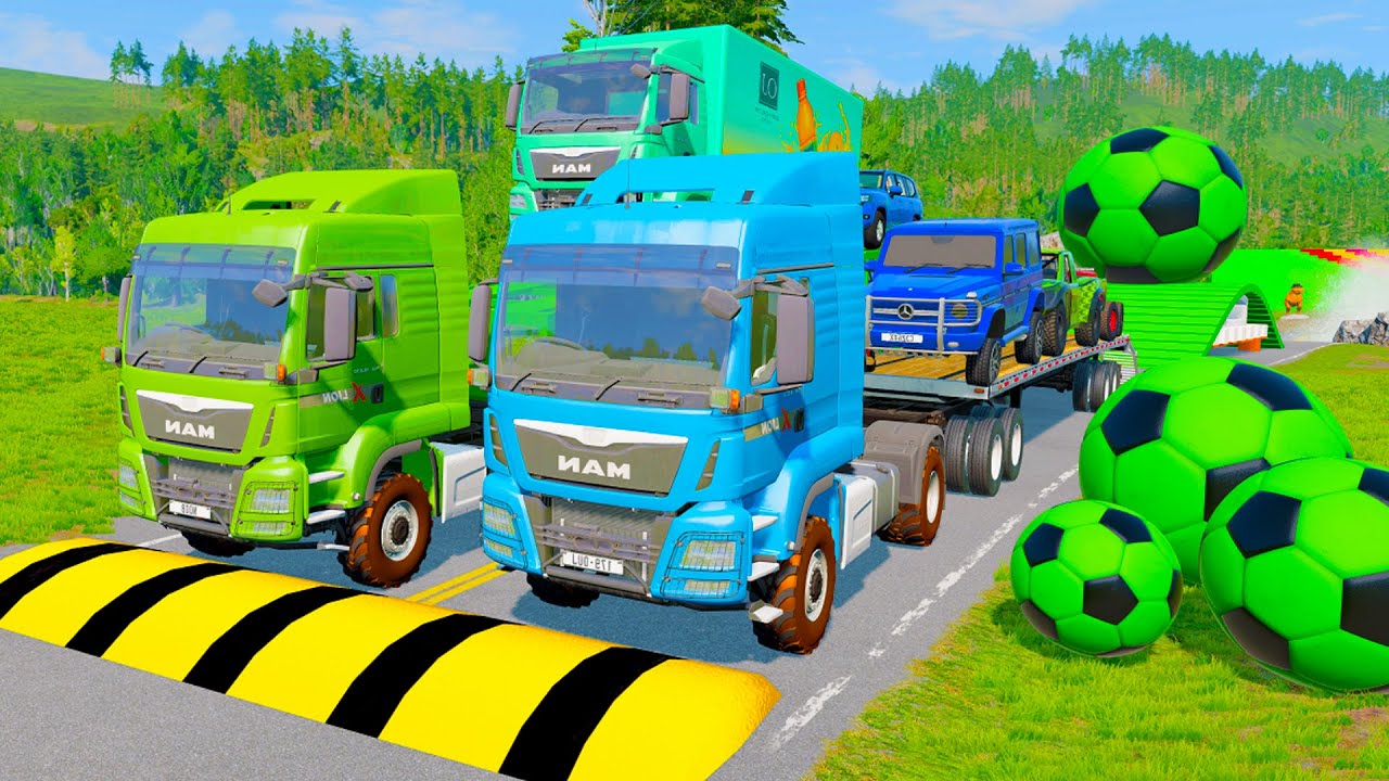 Flatbed Trailer McQueen Transportation with Truck - Speedbumps vs Cars vs Train - BeamNG.Drive #004
