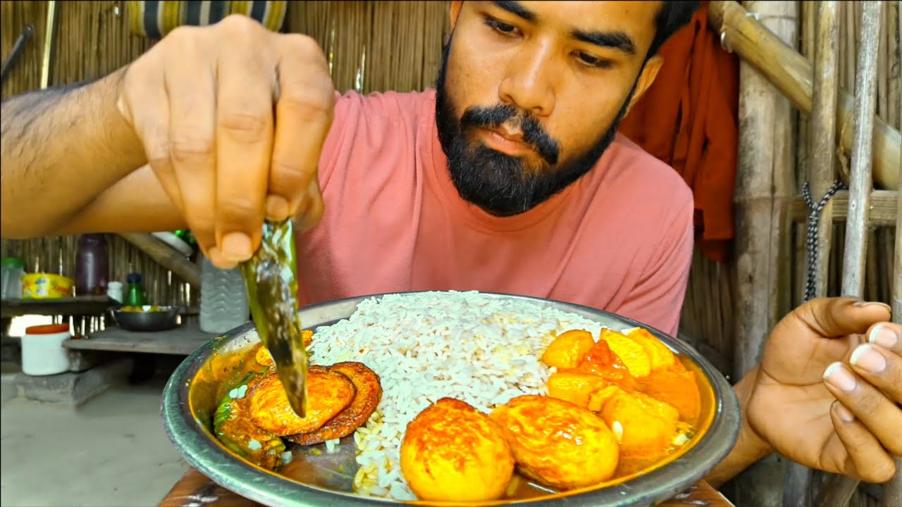 Eating Rice With egg curry and potato bagun,kochu fry || village food eating 