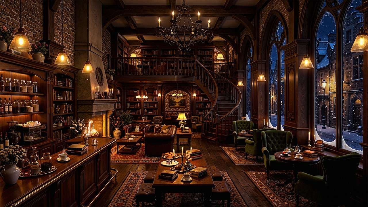 📚Winter Coffee Shop Bookstore Ambience with Relaxing Jazz Piano & Crackling Fireplace for Studying