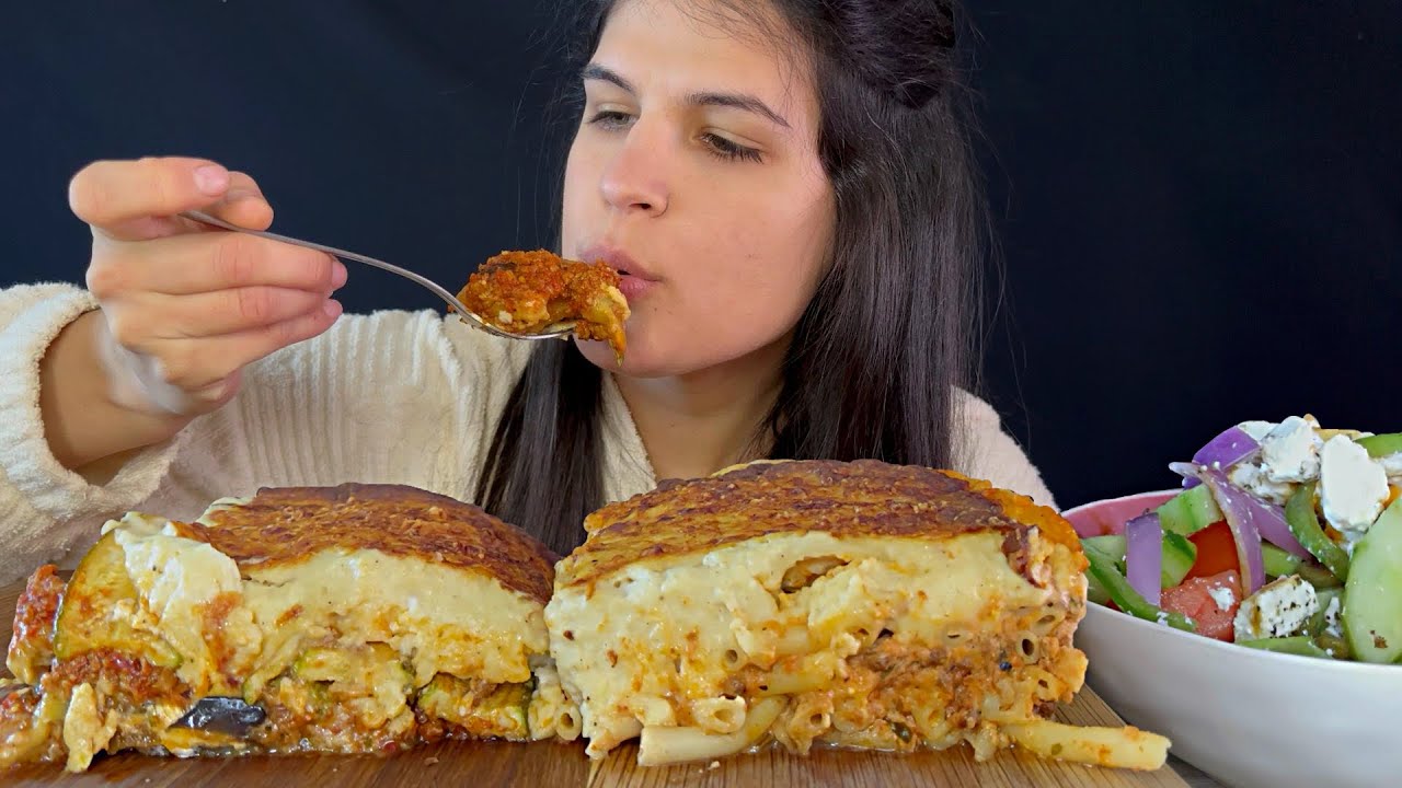 GREEK FOOD | MOUSSAKA, PASTITSIO & SALAD | MUKBANG | ASMR | EATING SOUNDS
