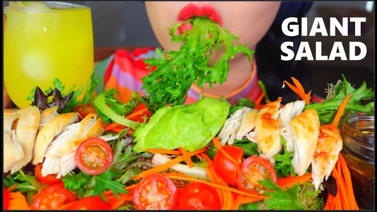 ASMR EATING SALAD | CHICKEN AVOCADO, VEGGIES, ALFAFA SPROUTS, MANGO JUICE | MAKAN SAYUR 沙拉 咀嚼音 먹방