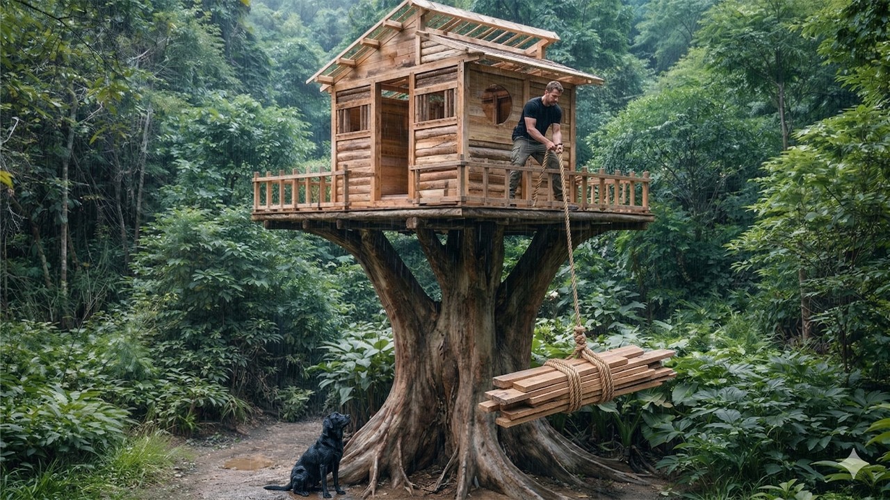Building a Log Cabin on a Giant Tree Trunk — Bushcraft Treehouse, Catch and Cook