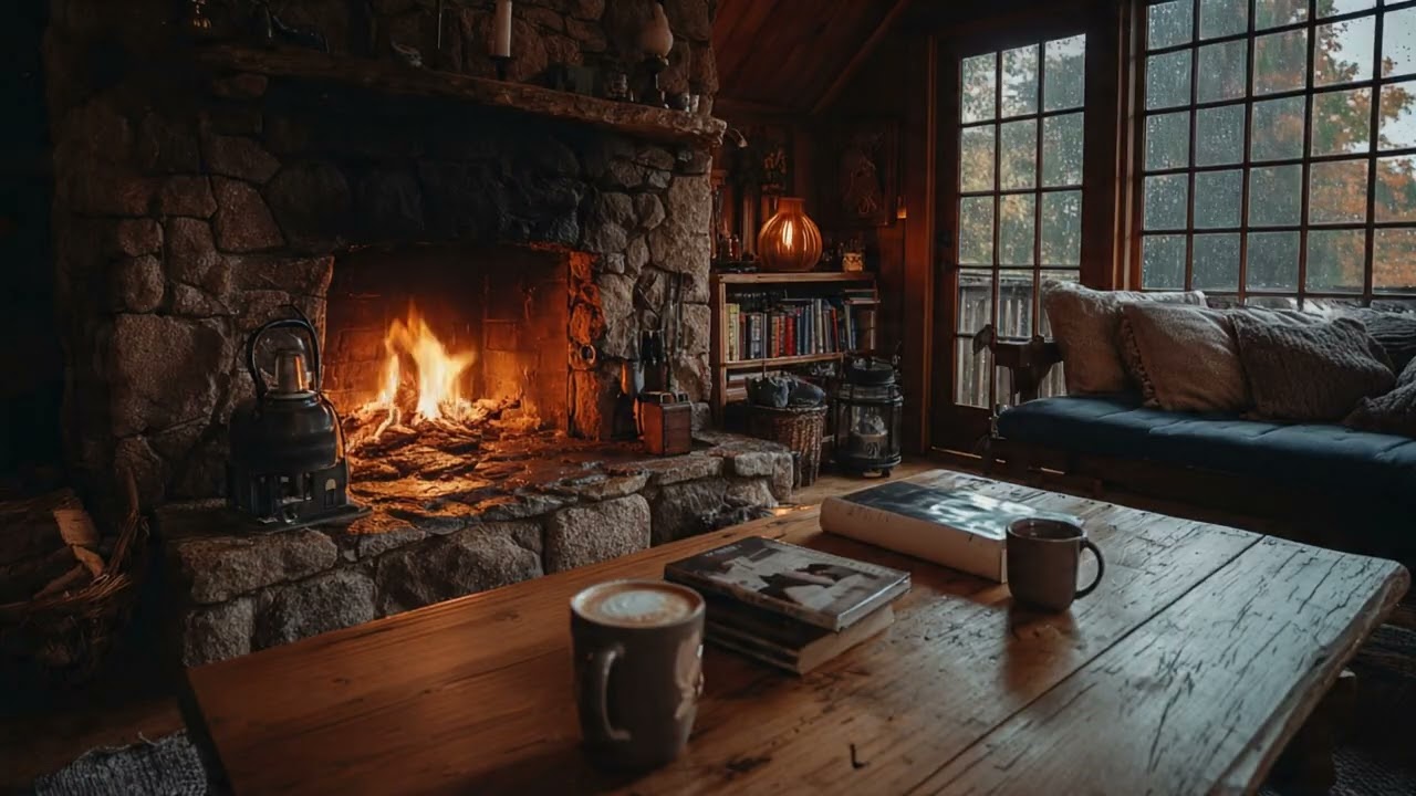 Cozy Cabin Rain & Fireplace | Ambience, Relaxation, Study | Fireplace
