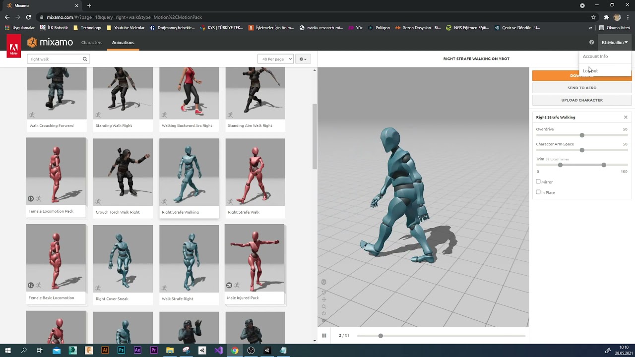 Unity mixamo'dan karakter indirme ve kontrol etme.