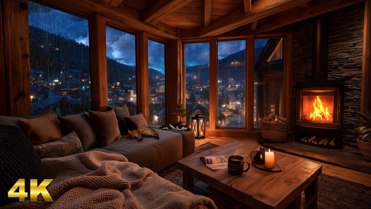 Rainstorm, Thunder & Crackling Fireplace 🌩️🔥 | Cozy Mountain Cabin Night Ambience