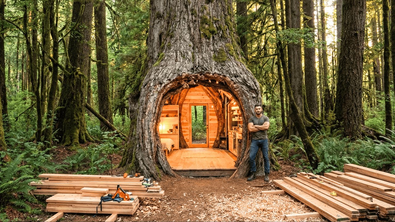 Survival Build in the Woods (ASMR) One Man Makes a Secret Mini Shelter Inside a Living Tree