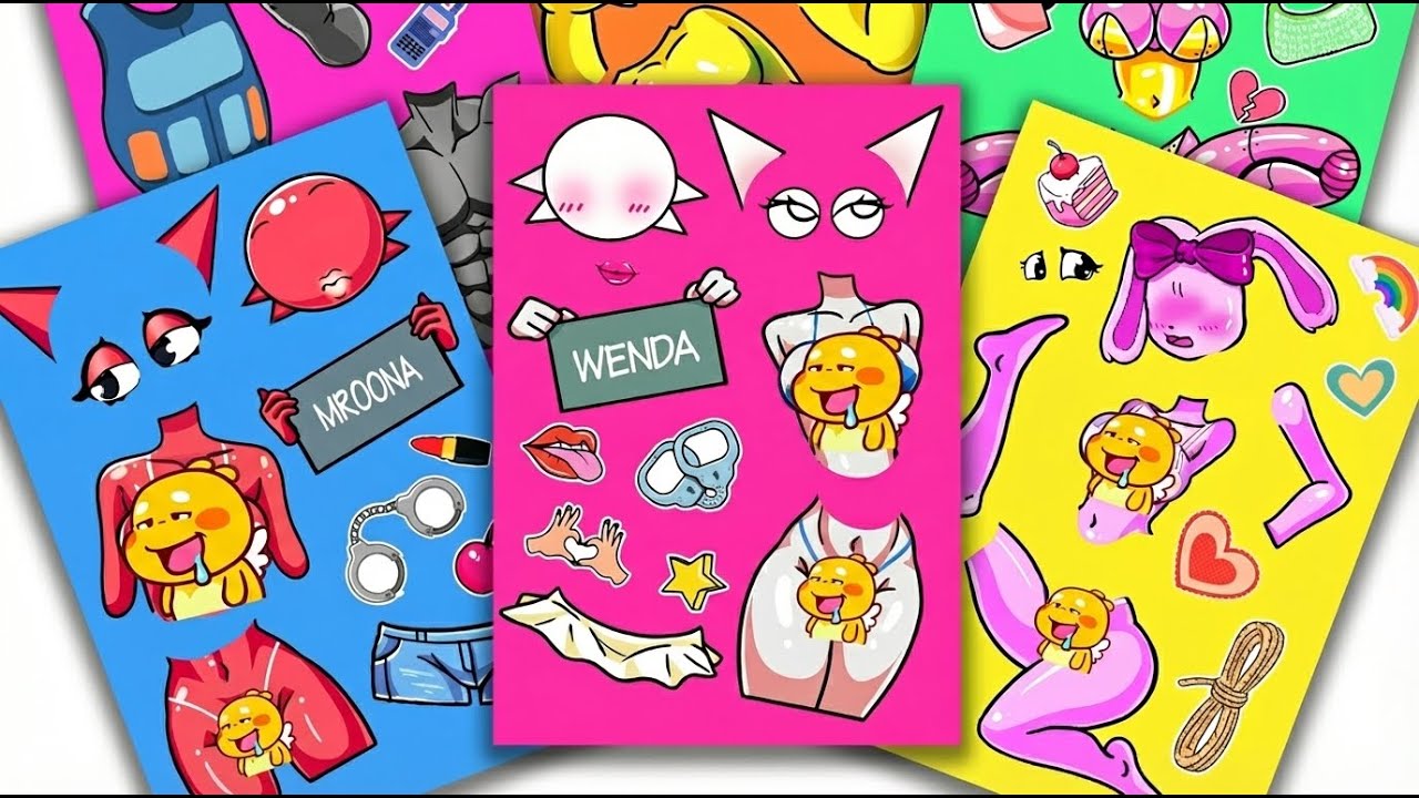 Peel & Play💞Incredibox Sprunki Sticker Book - Cute Criminal, Pink Bot x Gray, Wenda x Mroona