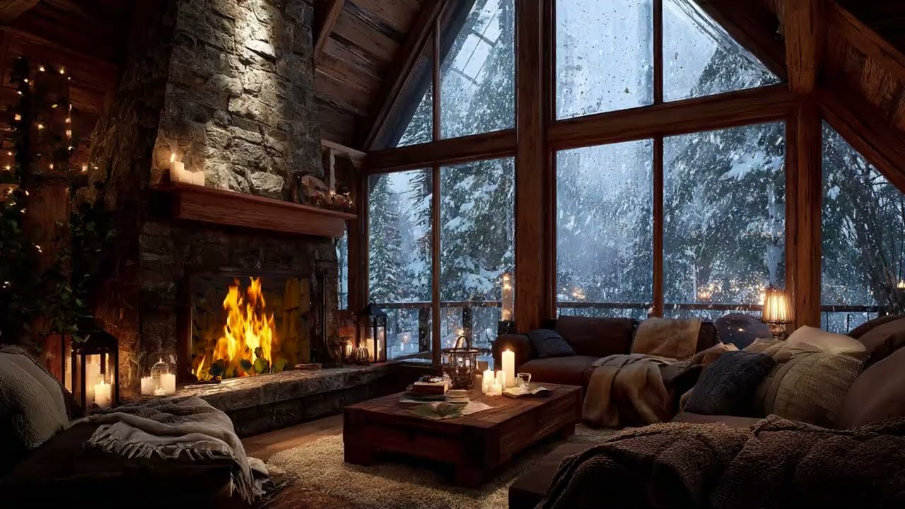 Cozy Fireplace and Snowfall Ambience - Warm Room Sounds for Cold Winter Nights and Sleep