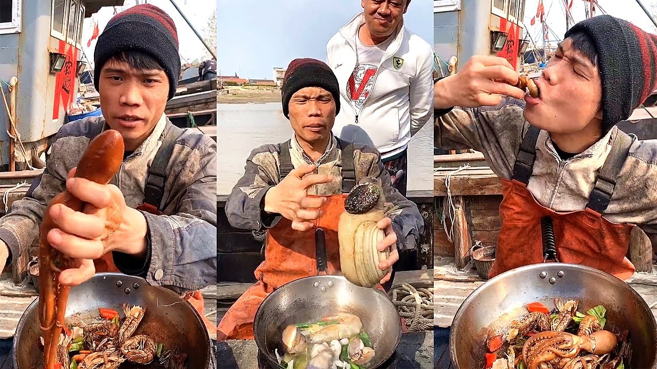 Fishermen eating seafood dinners are too delicious 666 help you stir-fry seafood to broadcast live二二