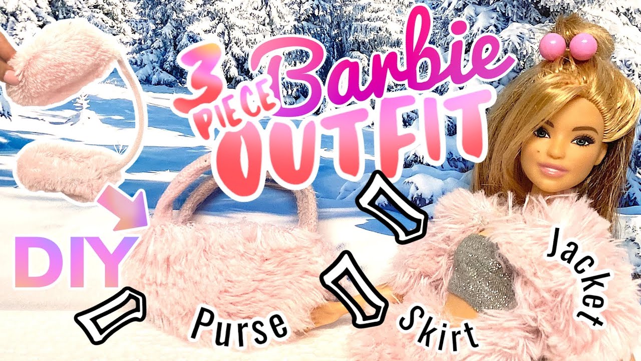 💕DIY BARBIE CLOTHES | ALL PINK FUR OUTFIT 💕 FLUFFY PINK JACKET, SKIRT, & PURSE W/ EAR MUFFS