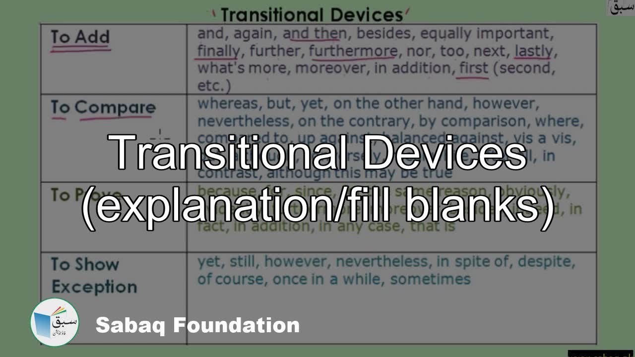 Transitional Devices (explanation/fill blanks), English Lecture | Sabaq.pk