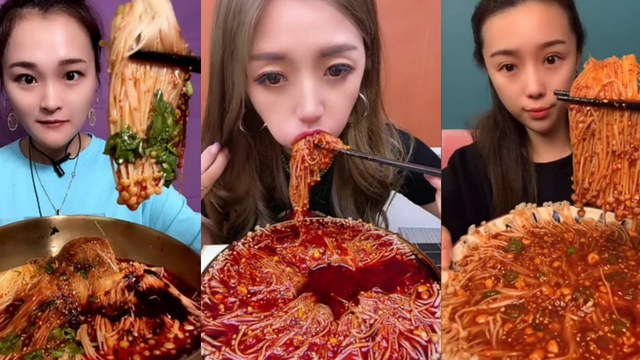 Chinese Mukbang:🍜 ASMR SPICY ENOKI MUSHROOM MUKBANG 먹방 (No Talking) #001