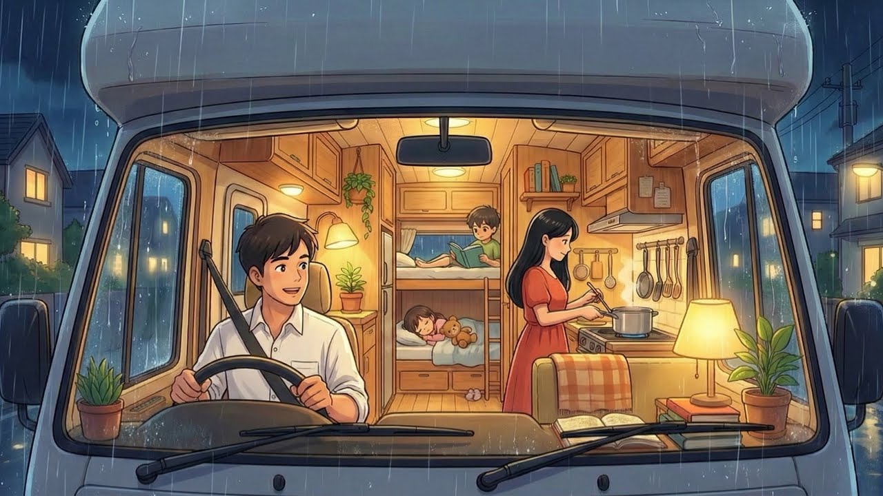 A Rainy Day Family road trip overnight in the car during rainy season⛈Studio Ghibli style