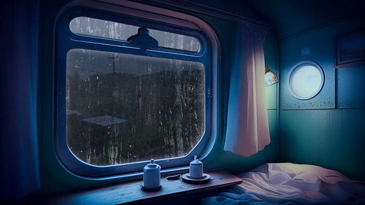 Cozy Night Train Ambience with Rain on Window & Thunder Sounds | Rain Sounds for Sleeping, Relaxing