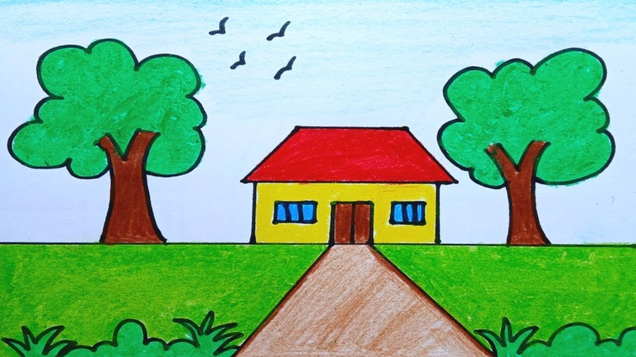 Easy landscape drawing for beginners|Learn house and nature simple painting