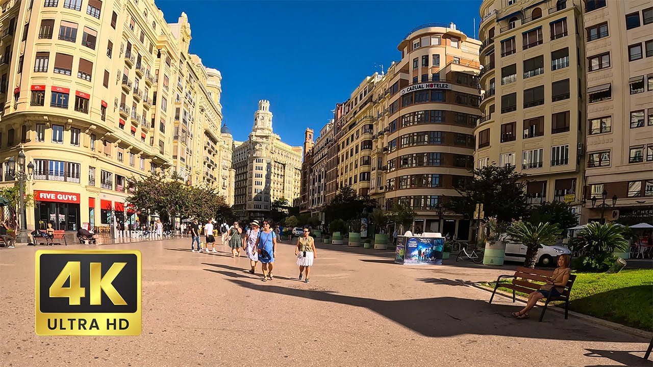 Walking in Valencia City, Spain, Europe, sunny day end of summer 4k ASMR
