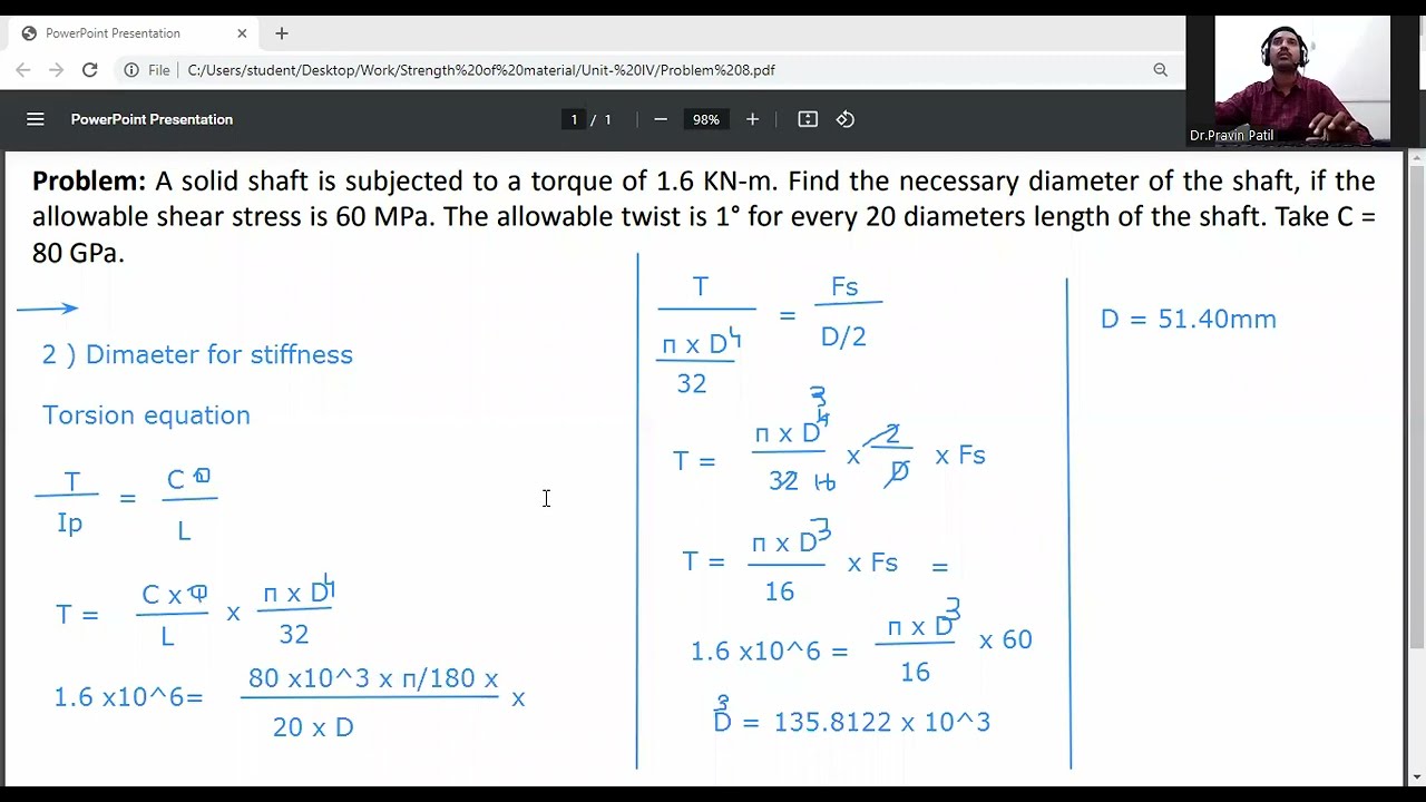 Problem on Torsion/calculation of Diameter of shaft by strength and stiffness/Strength of Materials