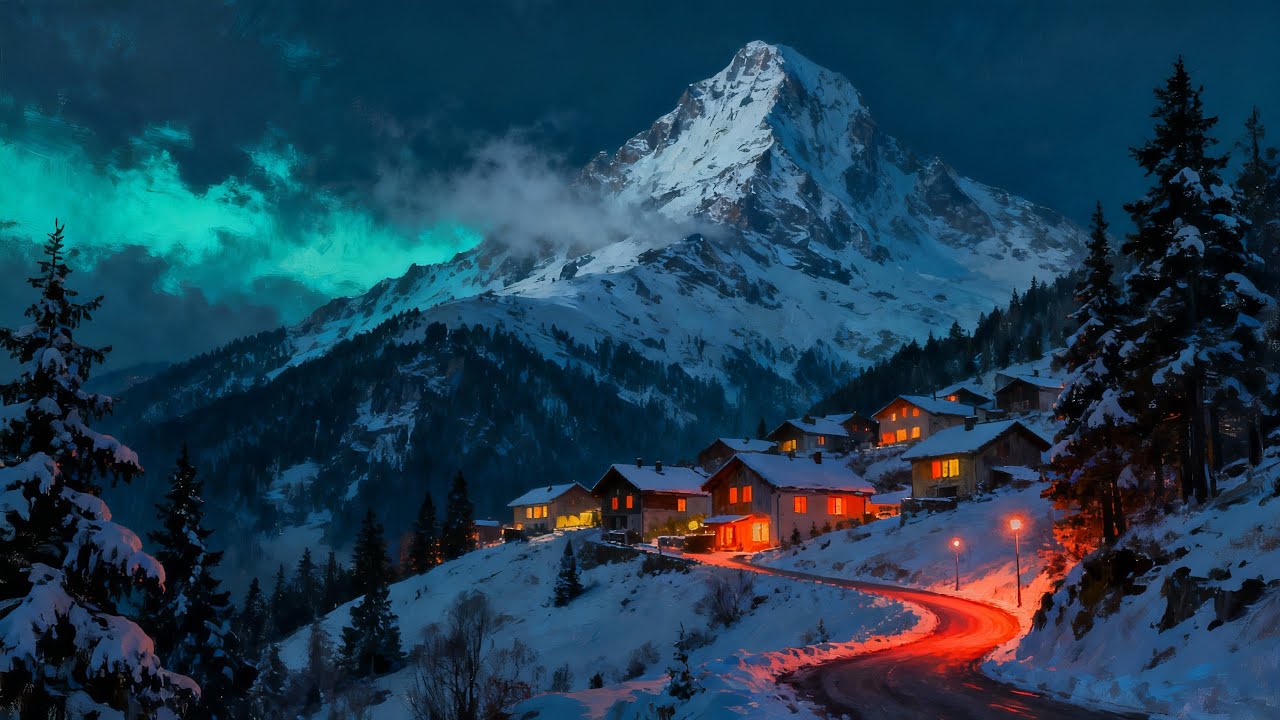Winter Calm in a Snowy Mountain Village ❄️ Cozy Fireplace Crackling & Soft Wind Ambience