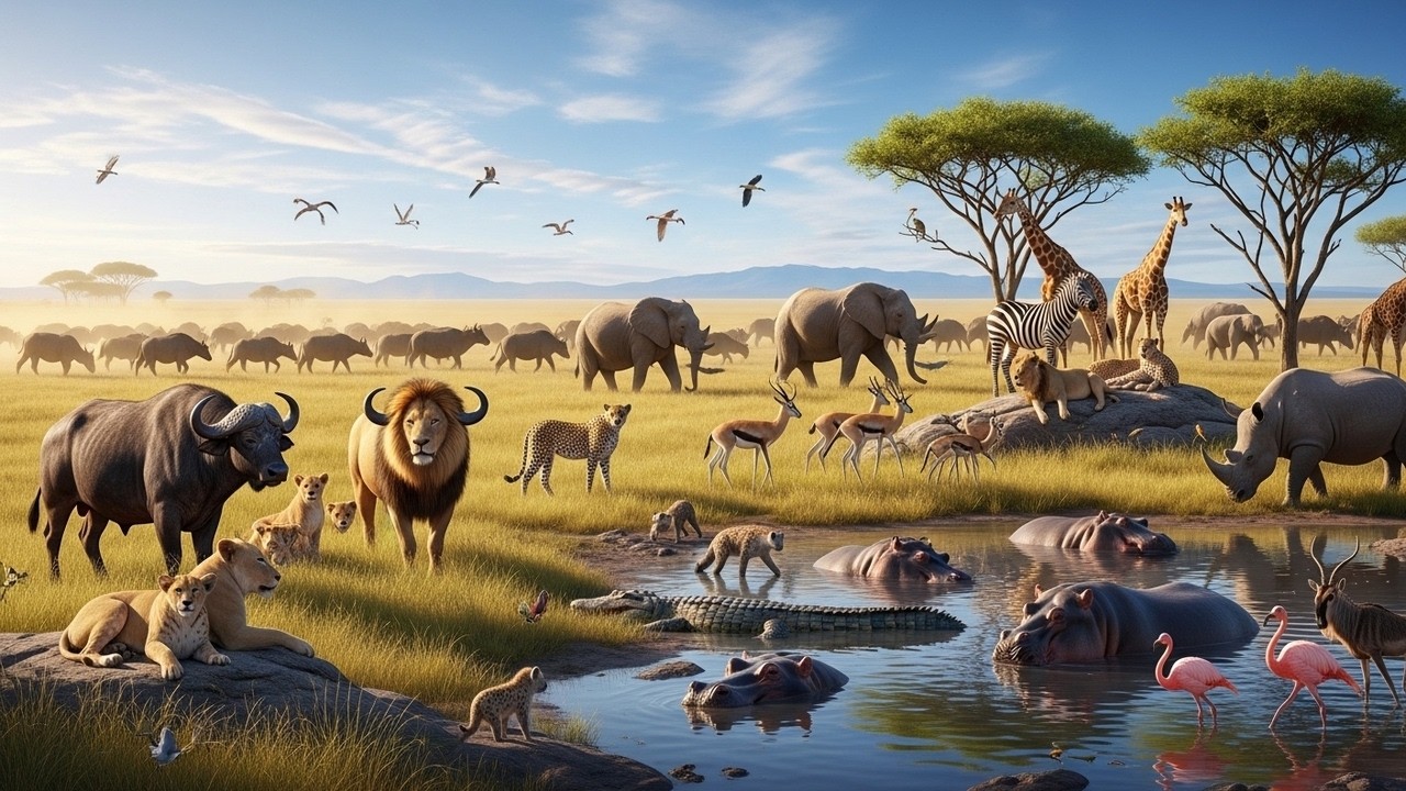African Savanna 4K | Majestic Wildlife at Waterhole | Peaceful Nature Sounds & Deep Relaxation
