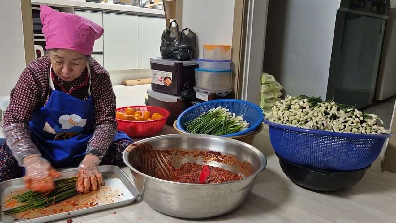 80살시골엄마 쪽파총11단 파김치 담기