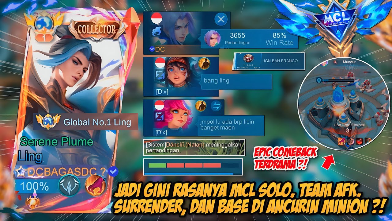 EPIC COMEBACK MENGHARUKANNN, LING SOLO MCL TEAM AFK, MINTA SURRENDER, BASE DI END MINION - MLBB